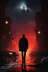 silhouette of a maniac killer on street in the city at night in the rain. The cover of a detective thriller book