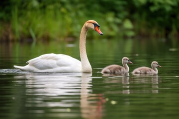 a pair of adult swans guiding their baby swans across a pond