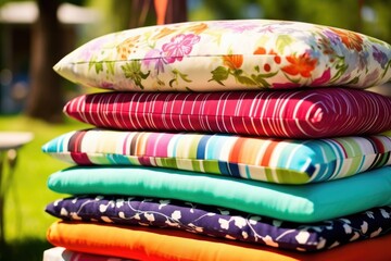a stack of colorful outdoor furniture cushions