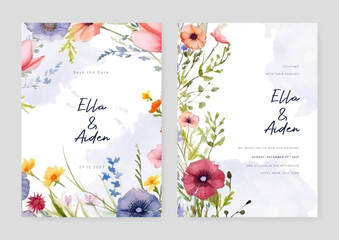 Colorful colourful cosmos beautiful wedding invitation card template set with flowers and floral