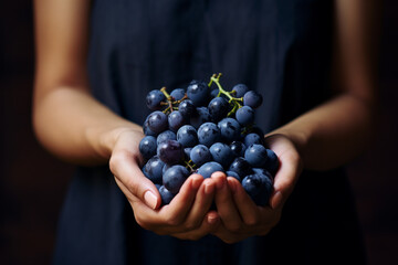 Hands of unrecognizable woman holding bunch of blue grapes