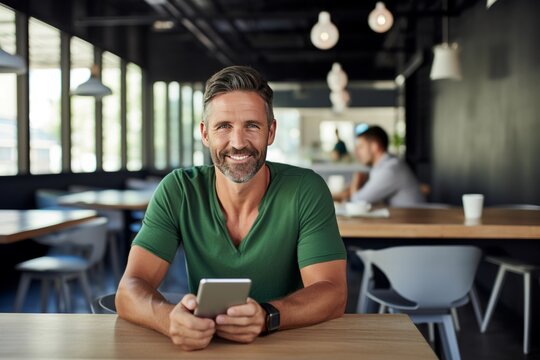 Cheerful Caucasian middle-aged man in casual clothes holding smartphone sits at table in cafe. Happy smiling mature businessman, successful entrepreneur or employee works online. Remote work concept.