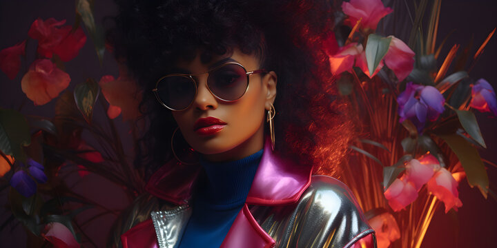 studio portrait of happy black woman, 1980s fashion