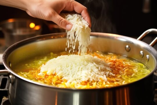 hand adding rice into simmering soup in a stainless steel pot
