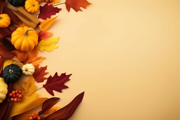 Naklejka na ściany i meble Thanksgiving background arrangement with copy space Autumn frame composition autumn elements 