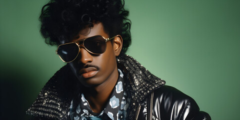 studio portrait of happy black man, 1980s fashion