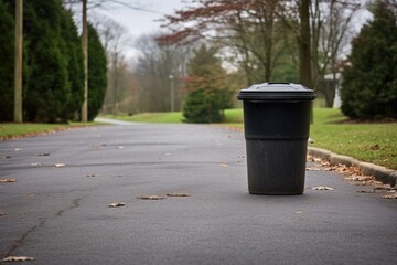 a garbage can placed at the end of a driveway