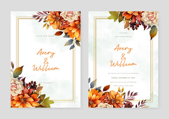 Beige and orange dahlia elegant wedding invitation card template with watercolor floral and leaves