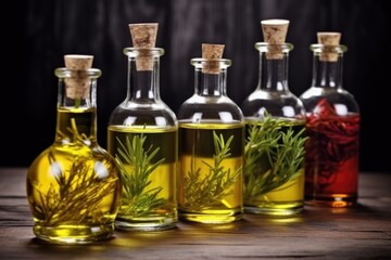 Obraz na płótnie Canvas aroma oils in glass bottles on a dark surface