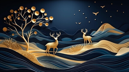 3d modern art mural wallpaper with dark blue and golden wave background. mountains, golden deer and birds. gold on a dark blue backdrop background