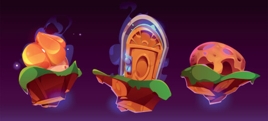 Door on floating fantasy game rock island cartoon ui set. Flying magic land scene with teleport platform with nature landscape with steam. 2d mobile interface arcade level location ground clipart