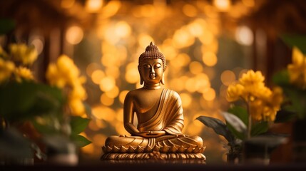 The peaceful countenance of a golden Buddha figure