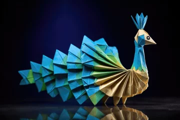 Foto op Plexiglas a vibrant origami peacock standing on a dark blue surface © altitudevisual