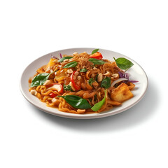 Spaghetti with chicken and vegetables on a plate isolated on white background