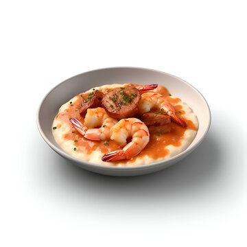 Plate of Shrimps with Cream Sauce Isolated on White Background