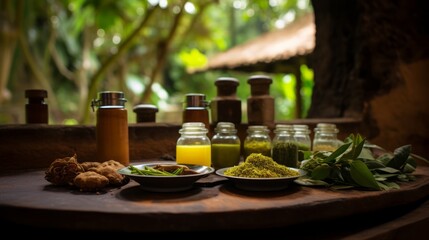 Ayurvedic herbs and oils in Ayurvedic spa surroundings