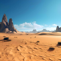 Fototapeta premium Desert landscape with sand dunes and mountains. 3d render