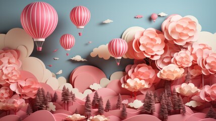 an illustration of clouds and balloons in a paper cut style.