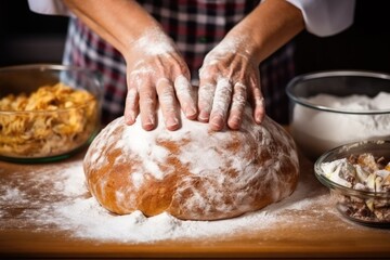 Obraz na płótnie Canvas close up of hands kneading the dough for panettone