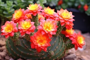close-up of a cactus with vibrant blooming flowers