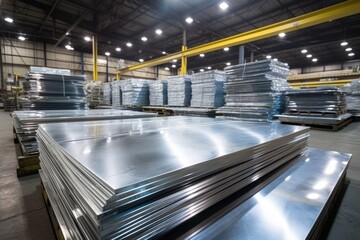 rows of polished steel plates in a warehouse - obrazy, fototapety, plakaty