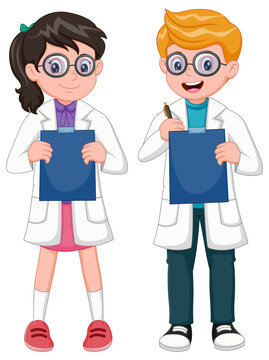 Cartoon boy and girl scientist holding board. Vector illustration