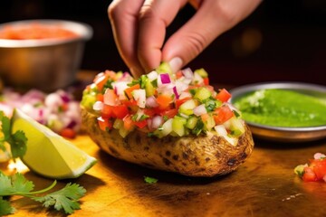 hand topping a baked potato with pico de gallo