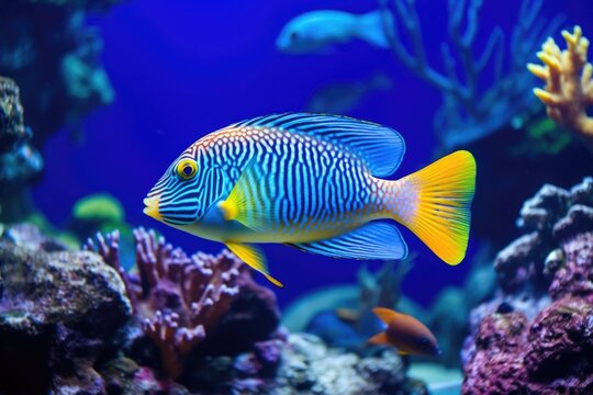 a colorful tropical fish swimming in a blue aquarium