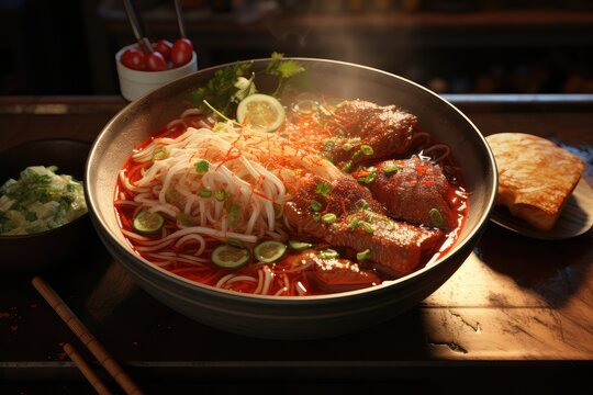  A bowl of Vietnamese bun bo hue with beef, noodles, and herbs 