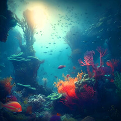 Underwater scene with coral reef and fish. Underwater world.