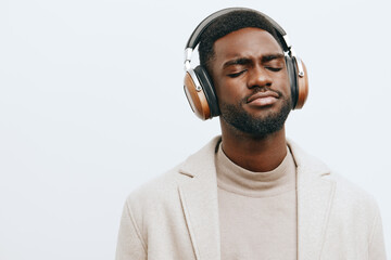 portrait man dj headphones african guy young black american model music fashion background - obrazy, fototapety, plakaty