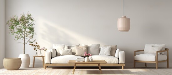 Minimalist Scandinavian interior with white sofa representation