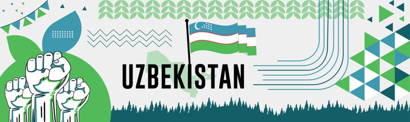 Uzbekistan national day banner with map, flag colors theme background and geometric abstract retro modern colorfull design with raised hands or fists.