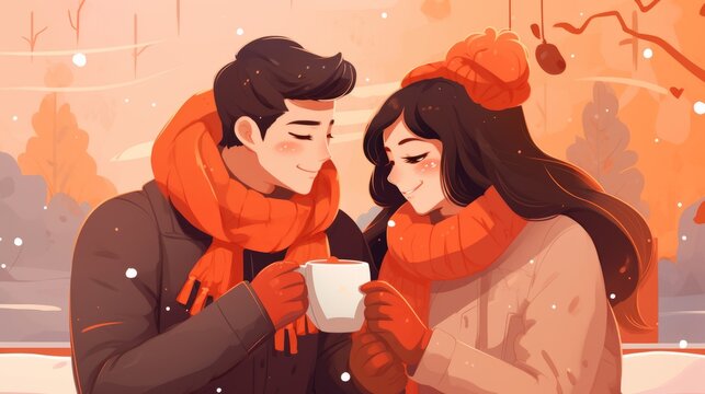 A cozy illustration of a couple sipping hot cocoa together