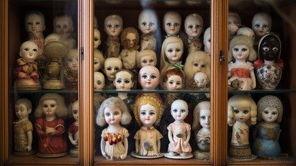 A collection of antique porcelain dolls in a glass cabinet