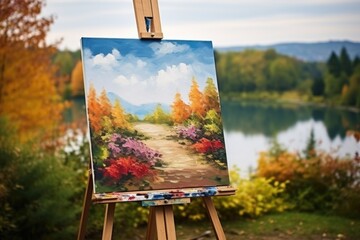 a wooden easel with a landscape painting in progress - obrazy, fototapety, plakaty