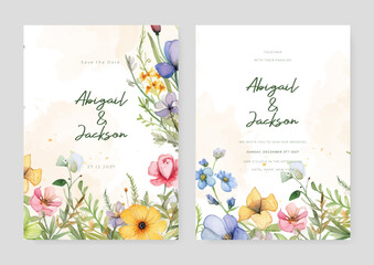 Colorful colourful cosmos artistic wedding invitation card template set with flower decorations