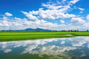 cloud reflections in the tranquil water of a rice paddy