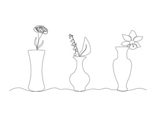 Set of three abstract flower vase with flower narcissus, carnation, lily of the valley, continuous One line art drawing