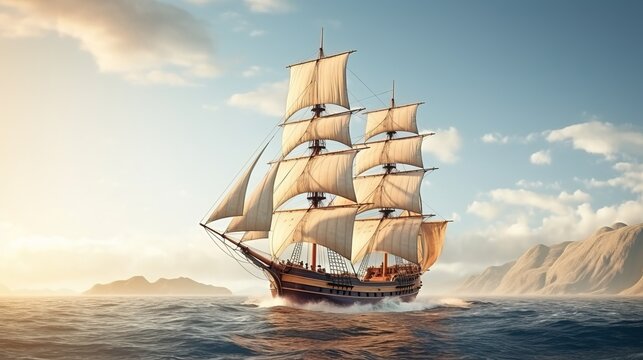A classic wooden sailing ship with billowing sails on the open sea