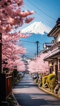 view of Mount Fuji from the street of a Japanese city, cherry blossoms, trees, tourism, Japan, travel, road, mountain landscape, beauty, walk, flowers