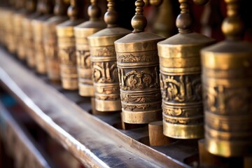 a close-up shot of tibetan prayer wheels lined up