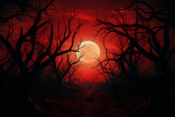 Halloween background, Spooky forest with silhouette dead trees and full moon on red sky, scary scene wallpaper with copy space for halloween background