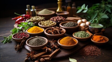 Ayurvedic herbs and spices used in traditional cuisine - obrazy, fototapety, plakaty