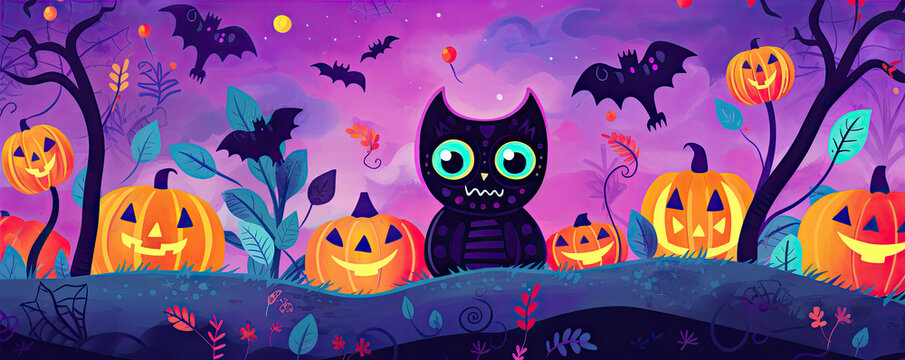 Whimsical halloween coloring background. orange halloween pumpkins cartoon picture.