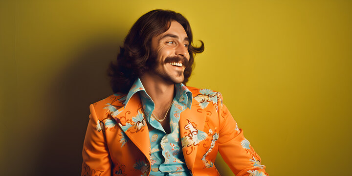studio portrait of happy man, 1970s fashion
