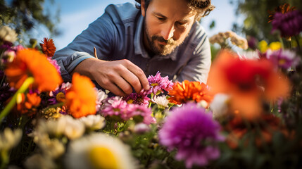 A handsome bearded middle age flower farmer tending to colorful blooms dedicated to floriculture - obrazy, fototapety, plakaty