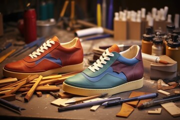 shoes in various stages of the design process on a table