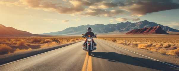 Driver riding motocycle on empty road in sunset light.  Panorama photo.