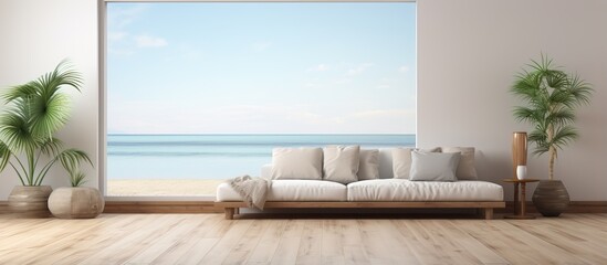 Empty wall in living room with sofa and stool on wooden floor tropical view from panoramic window mockup space